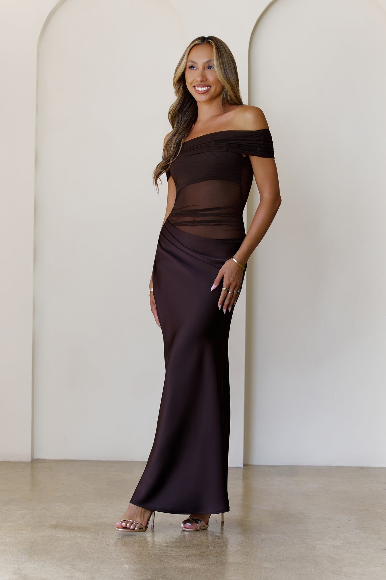 Veiled Whispers Off Shoulder Maxi Dress Brown