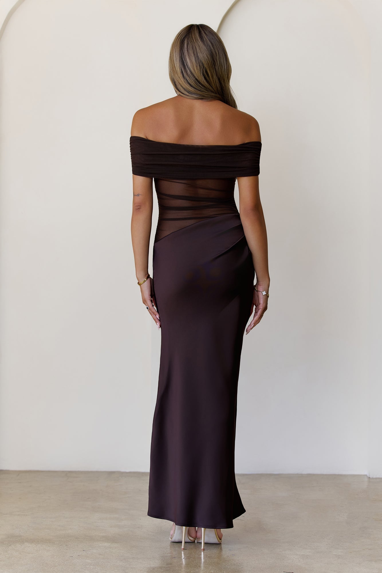 Veiled Whispers Off Shoulder Maxi Dress Brown