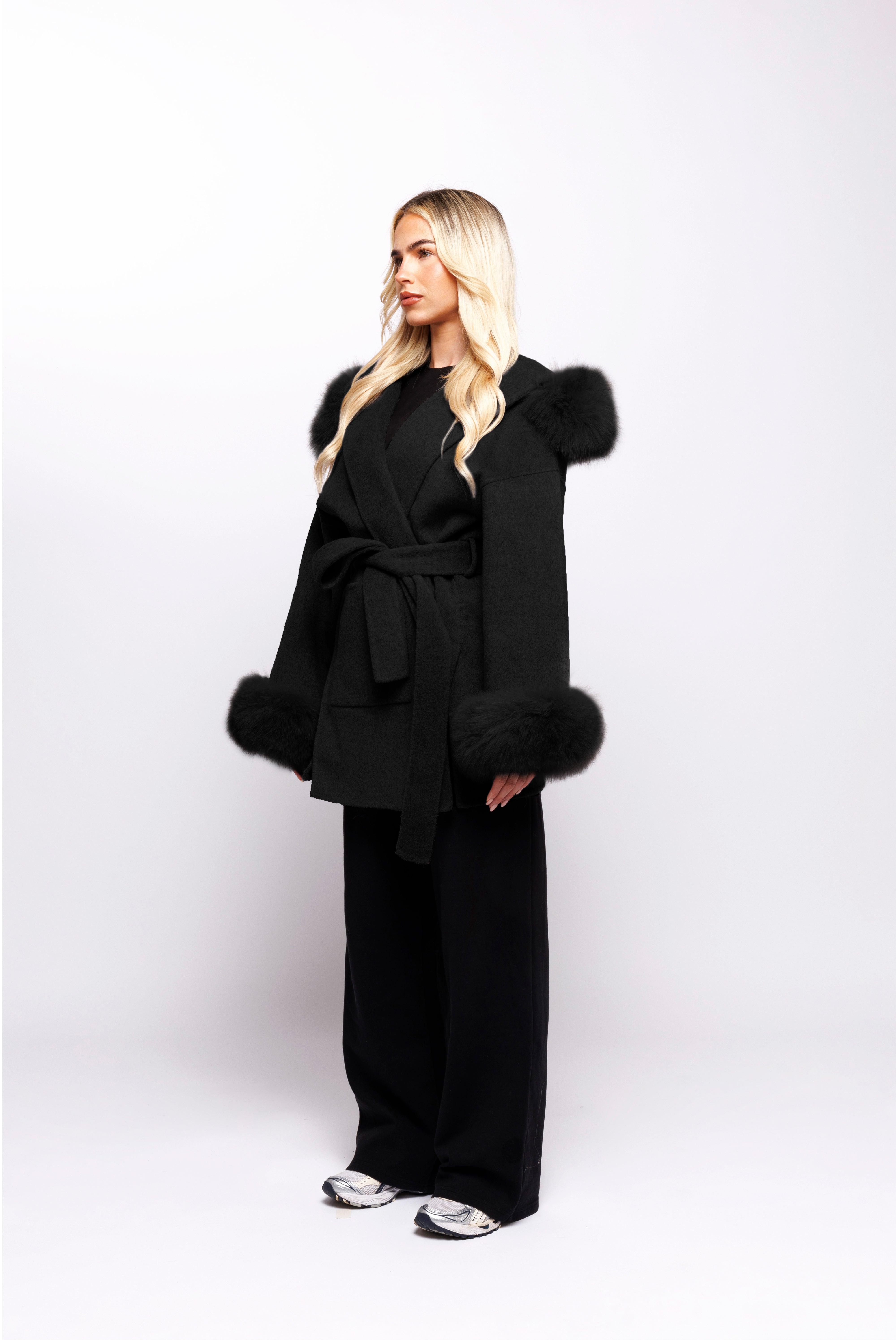 Velvet Hooded Coat - Black
