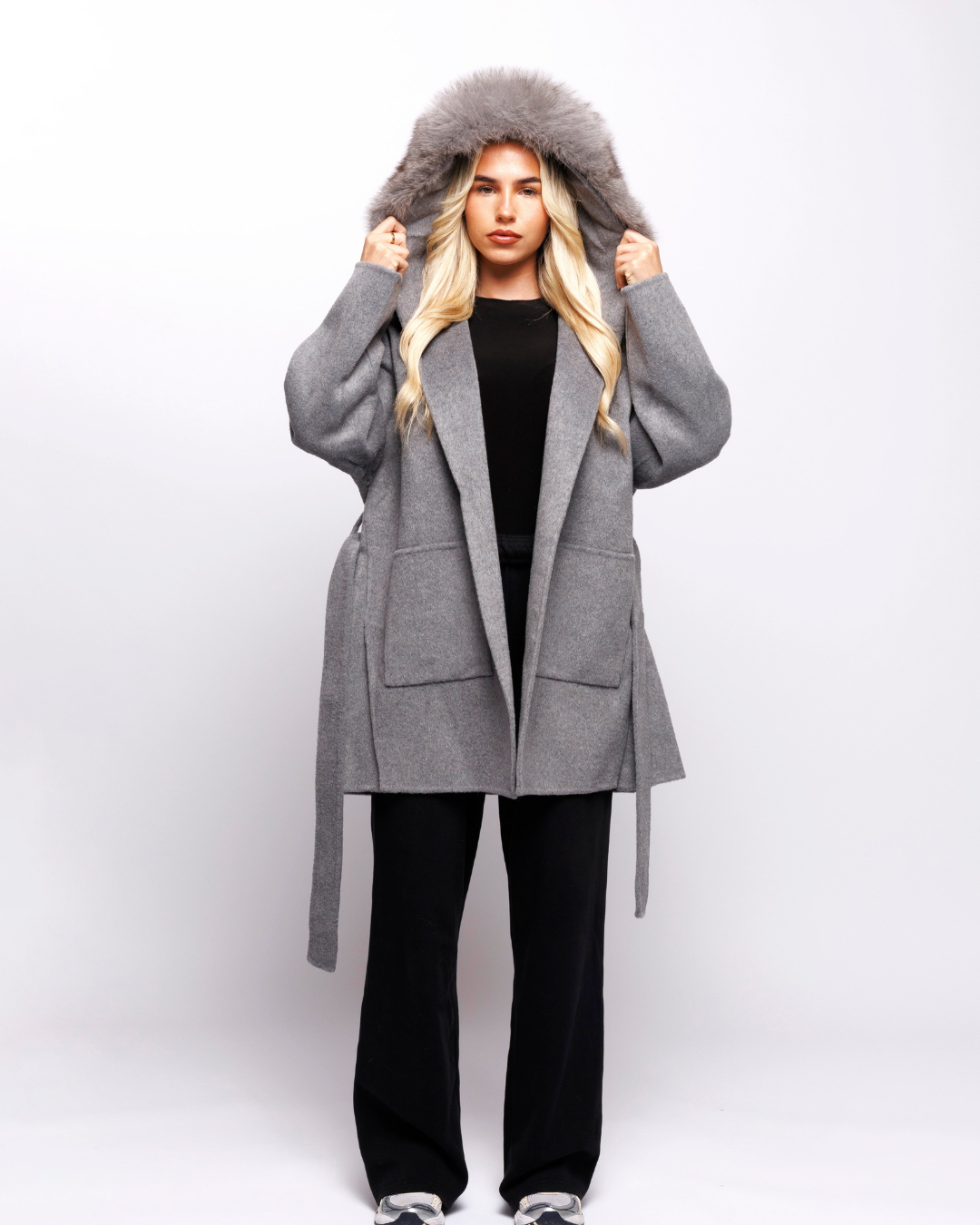Velvet Hooded Coat - Gray