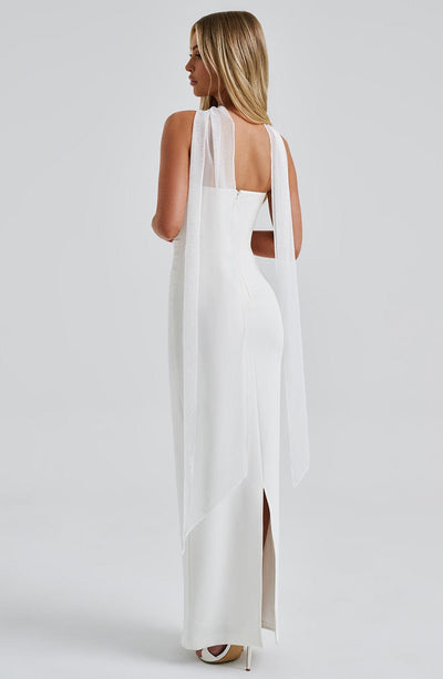 Shiloh | Strapless Satin Dress with Mesh Scarf
