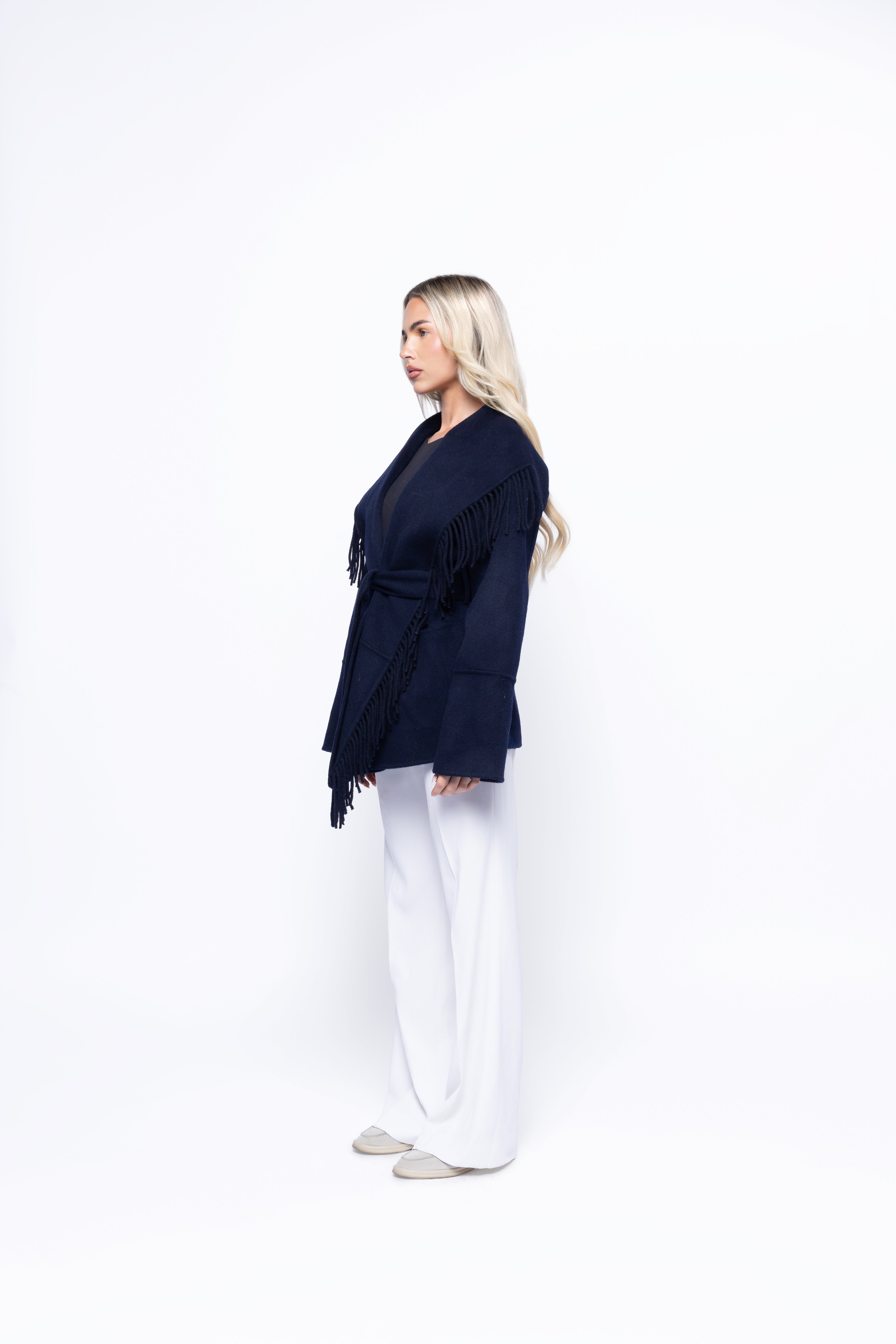 Blue Fringe Wool Wrap Coat