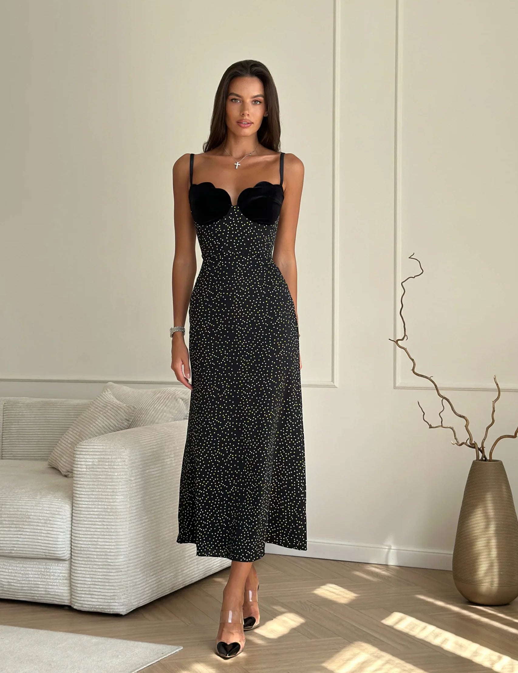 Velvet Dot Elegance Midi Dress